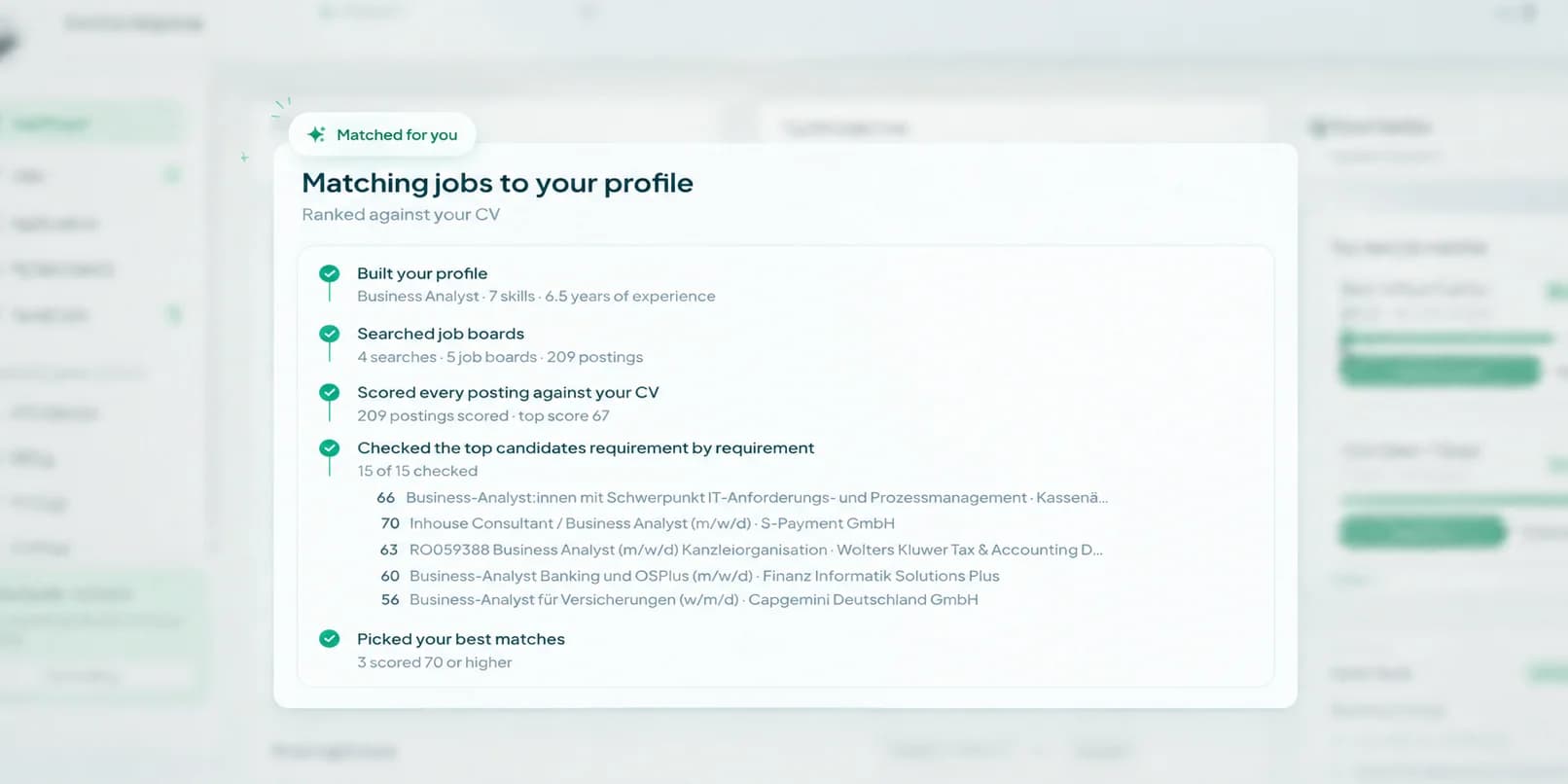 Appliit matching jobs to a profile: builds the profile, searches job boards, scores every posting against the CV and picks the best matches.